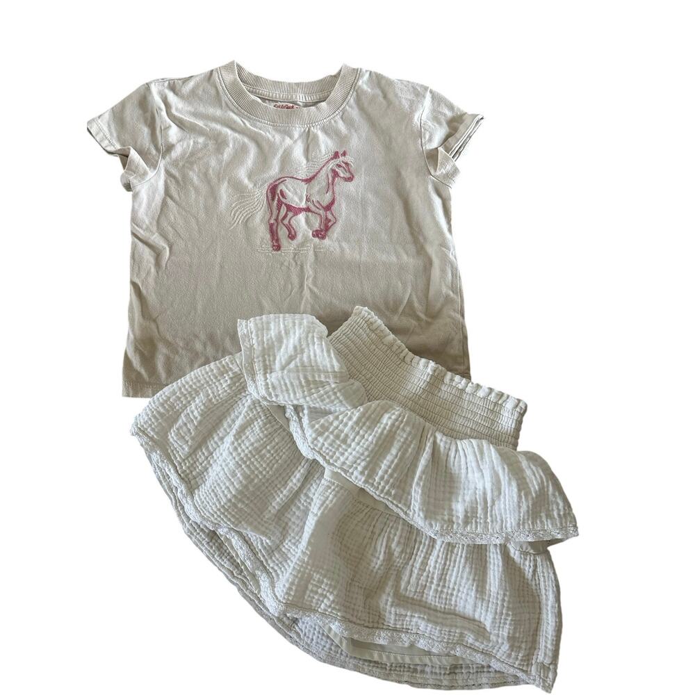 Cat & Jack Girls 2 Pc Horse Outfit White Gauze Skirt Set Size 6/7 EUC